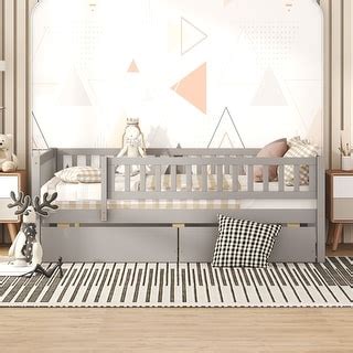 Gray Full Size Kids Bed Frame with Drawers, Full Daybed with Fence ...