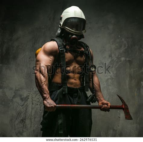 Muscular Firefighter Naked Torso On Grey Stock Photo 262976531