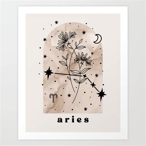 Aries Constellation And Birth Flower Neutral Art Print By Inkandluxe Society6