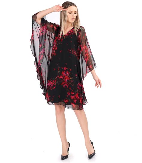 Butterfly Dress Made Of Digital Printed Veil With Floral Motifs Red Yokko