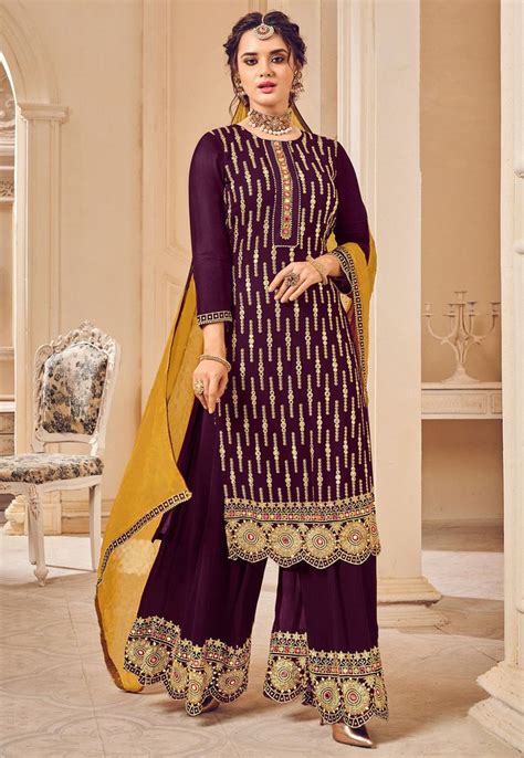 Embroidered Georgette Pakistani Suit In Wine Utsav Fashion Indian