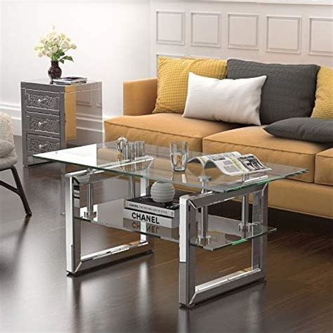 IKIFLY Glass Coffee Table With Tier Glass Boards Sturdy Metal Legs