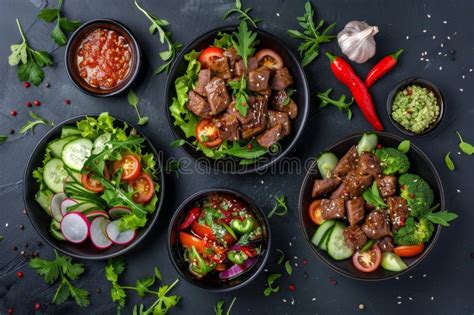 Spicy Salads Set Salat Collection With Beef Meat And Vegetables Salats