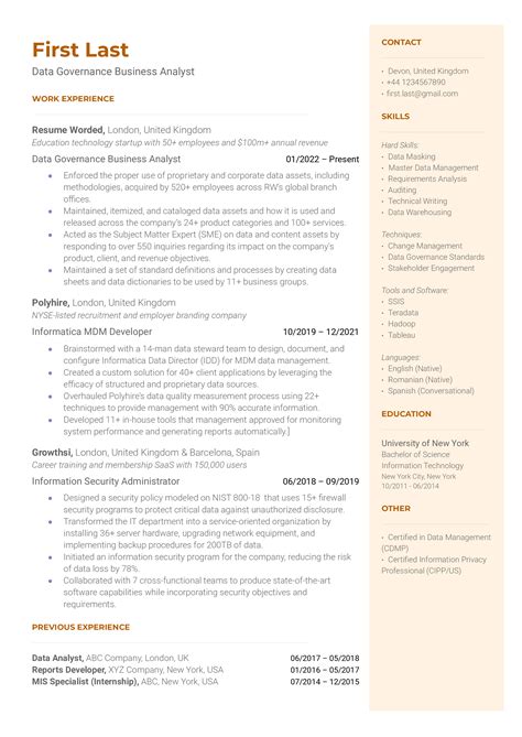 Data Governance Business Analyst Resume Examples For Resume Worded