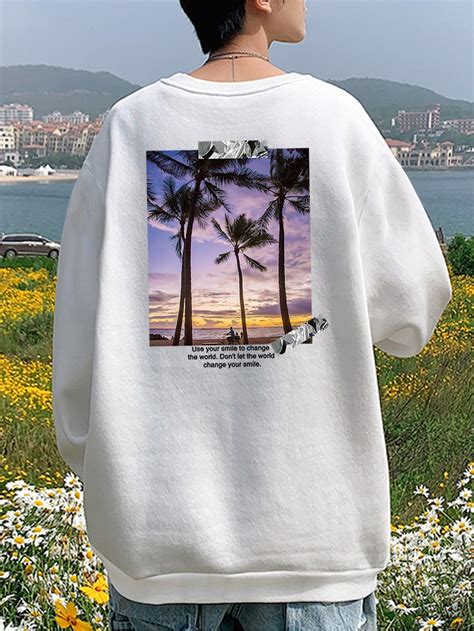 Men Slogan Scenery Print Drop Shoulder Pullover Casual Blouse Women