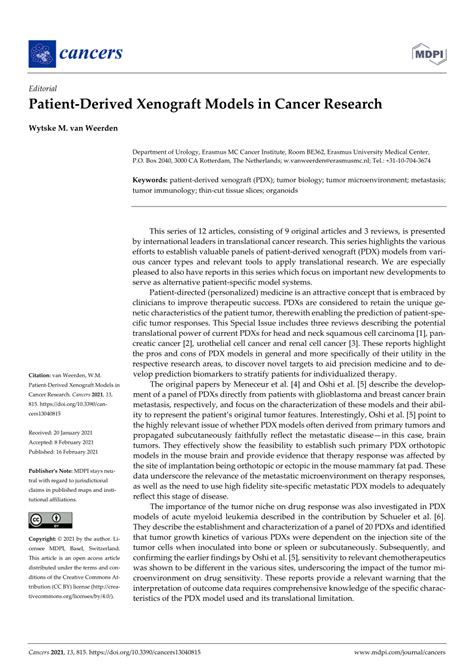 (PDF) Patient-Derived Xenograft Models in Cancer Research