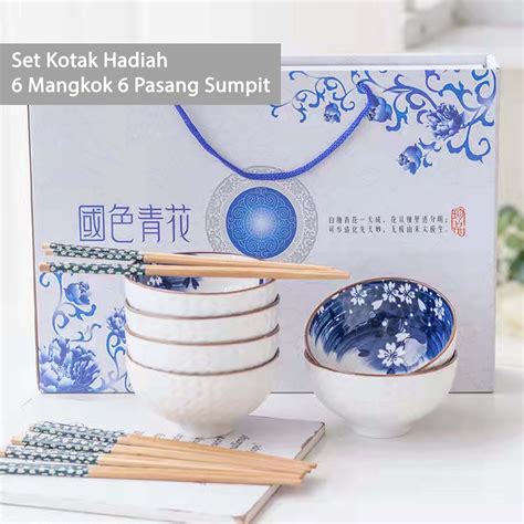 Jual Rt Home Souvenir Mangkuk Set Porselen Biru Dan Putih Bermutu