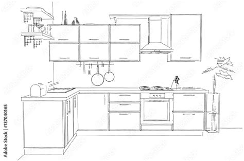 Sketch Of Modern Corner Kitchen 3d Outline Illustration Black And