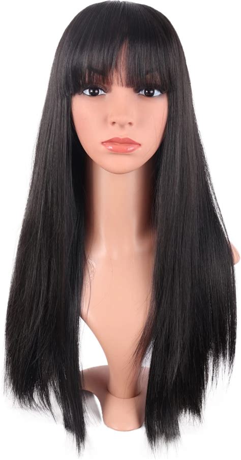 Missqueen Long Black Wigs With Bangs Straight Black Wigs For Women Synthetic 30