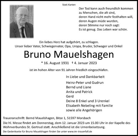 Traueranzeigen Von Bruno Mauelshagen WirTrauern