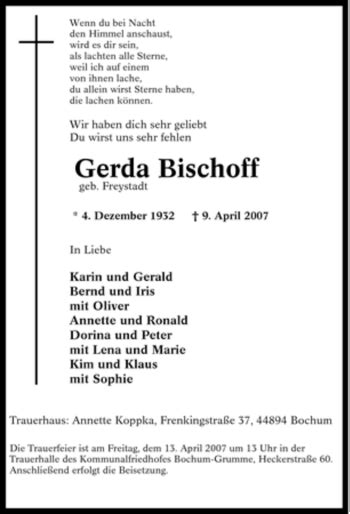 Traueranzeigen Von Gerda Bischoff Trauer In NRW De