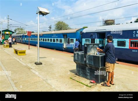 Railway train at Shoranur Junction, a station that connects north to Goa, south to Kochi, east ...