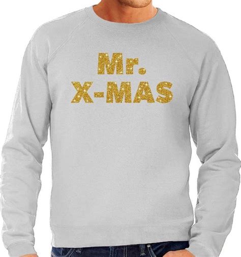 Foute Kersttrui Sweater Mr X Mas Goud Glitter Grijs Heren