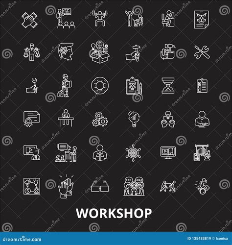 Workshop Editable Line Icons Vector Set On Black Background Workshop