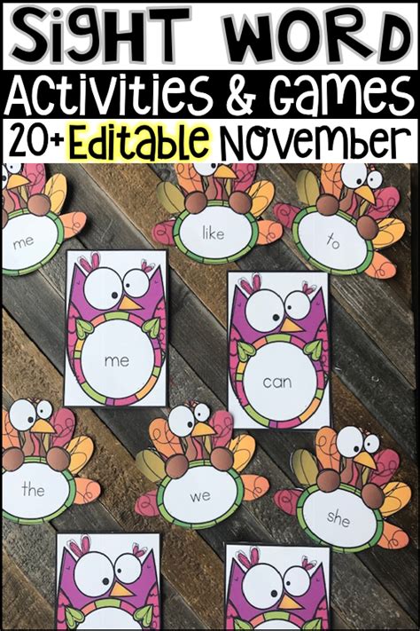 20 Editable Sight Word Activities November Turkey And Thanksgiving