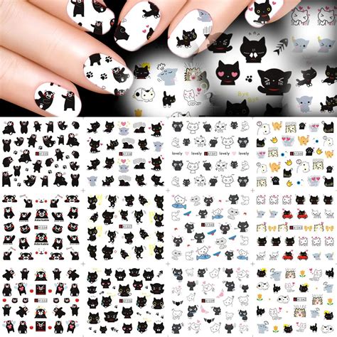 Sweet Trend 12 Designs Cute Black Cat Nail Art Stickers Water Transfer