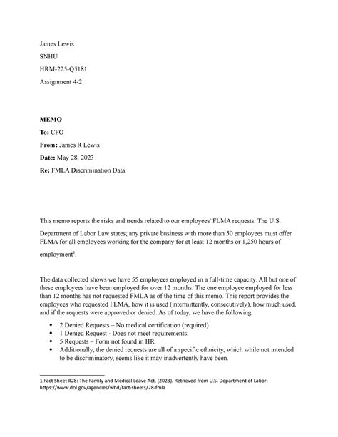 4 2 Assign James Lewis Snhu Hrm 225 Q Assignment 4 Memo To Cfo From James R Lewis Date May