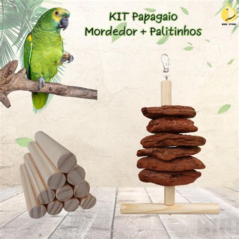 KIT Brinquedos Para Papagaio Mordedor Pinus Palitinhos Calopsita Ring