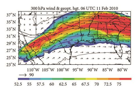 Simulated 12 km 300 hPa wind m s¹ and geopotential height in gpm