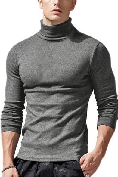 Guys Basic T Shirt Solid Color Long Sleeve Turtleneck Slim Fitted T Shirt