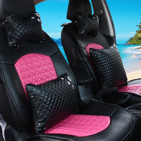 Girls Womans Cute Brand Fashion Pu Leather Diamond Pink Universal Car Seat Cover Setcar Seat