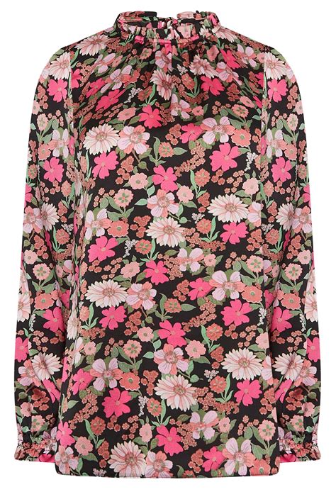 Mandco Black Floral Print Frill Neck Blouse Mandco