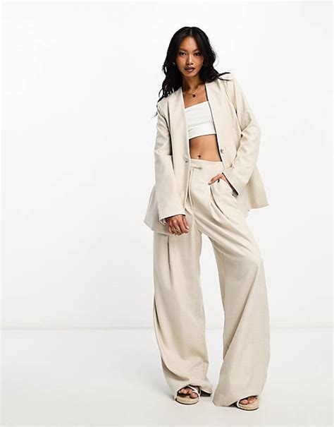 River Island Wide Leg Pleated Dad Trouser 3 Piece Co Ord In Cream Asos