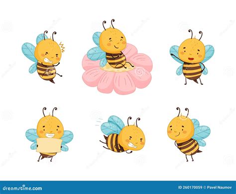 Cute Funny Honey Bee In Everyday Activities Set Beekeeping And