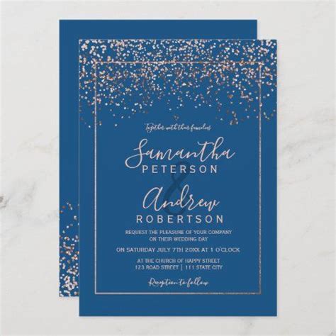 Rose Gold Konfetti Blau Typografie Klassische Hoch Einladung Zazzle