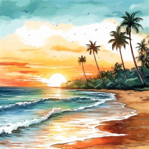 Dibujo Colorido De Acuarela Al Atardecer En La Playa Con Palmeras