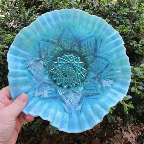 Antique Dugan Blue Reflecting Diamonds Opalescent Glass Bowl Carnival