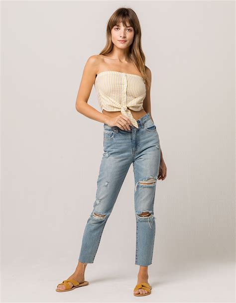 Full Tilt Stripe Tie Front Crop Womens Tube Top Mustard Tillys