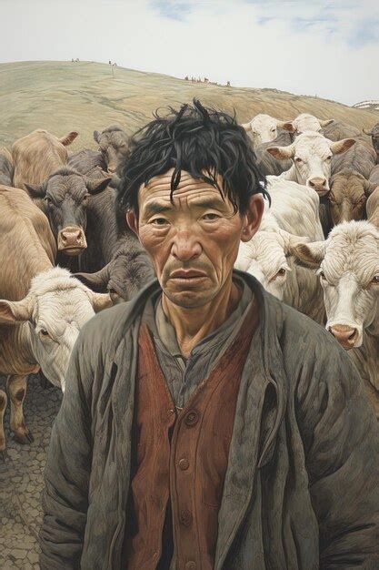 Premium Photo | A painting of a man with a herd of cows in the background