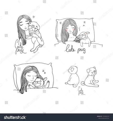 Set Girl Pug Lovely Cartoon Pet Stock Vector (Royalty Free) 1074982319