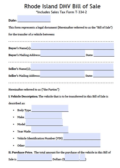 Free Rhode Island Dmv Vehicle Bill Of Sale Form Pdf Word Doc