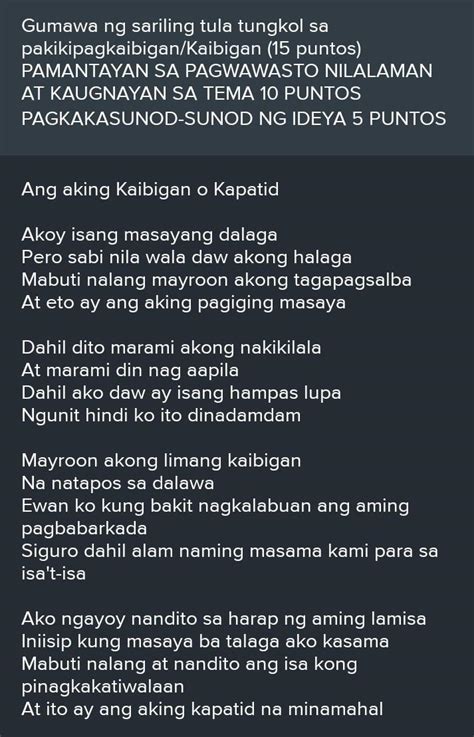 Gumawa Ng Sariling Tula Tungkol Sa Pakikipagkaibigan Kaibigan 15 Puntos Pamantayan Sa