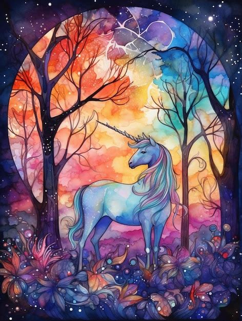 Premium AI Image | a painting of a unicorn standing in the woods with a full moon in the ...