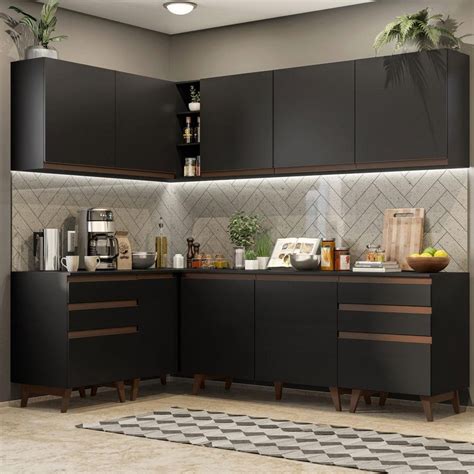 Cozinha De Canto Madesa - Cozinha Completa de Canto Madesa Reims 382002 com Armário e Balcão - Preto