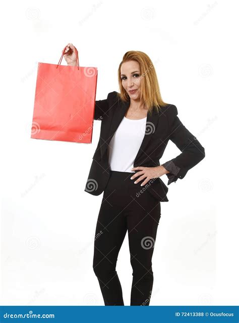 Attractive Blond Businesswoman Holding Red Shopping Bag Smiling Happy