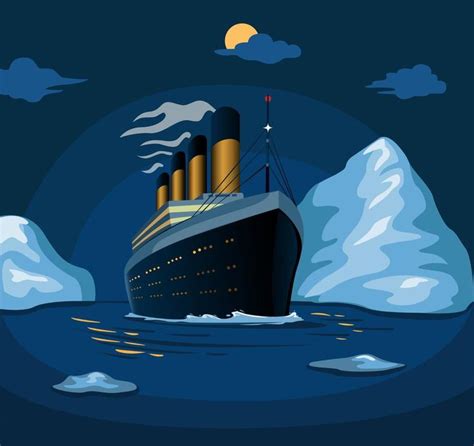 Titanic cruise ship sail in sea iceberg in night scene illustration in ...