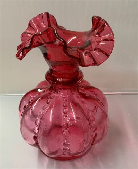 Fenton Art Glass Cranberry Ruffled Beaded Melon Vase Ebay