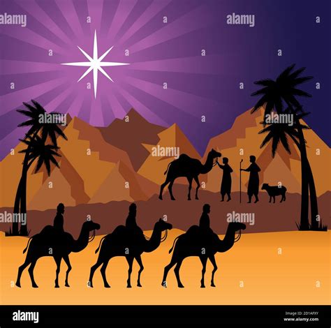 Merry Christmas Nativity Three Wise Men At Desert Vector Design Stock Vector Image And Art Alamy