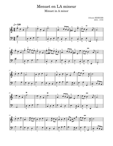 Menuet En La Mineur Minuet In A Minor Johann Krieger Sheet Music For Harpsichord Download