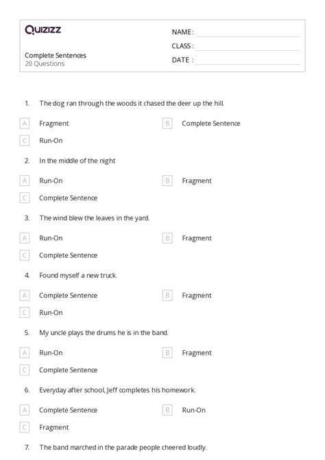 Complete Sentences Worksheets On Quizizz Free Printable