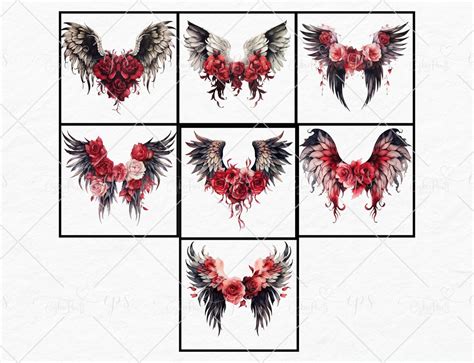 Gothic Floral Angel Wings Clipart, Watercolor Clipart, Feather Wings Png, Fantasy Wings Clipart ...