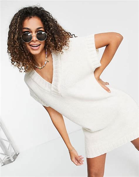 Asos Design Knitted Mini Vest Dress In Cream Asos