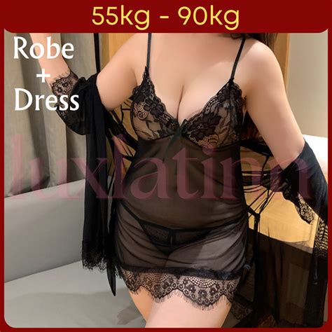 Women Sexy Nightwear Plus Size Set Robe Nightdress Baju Tidur Seksi