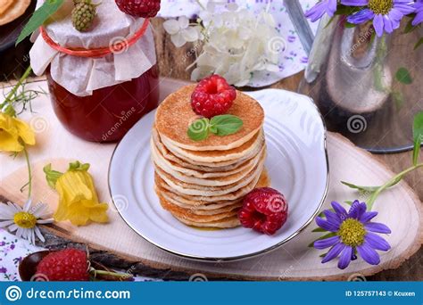 Stack Of Pancakes Decorated With Raspberry And Mint Stock Image Image