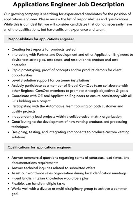 Applications Engineer Job Description Velvet Jobs