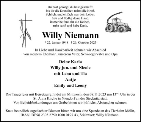 Traueranzeigen Von Willy Niemann Trauer Anzeigen De